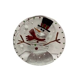 Vintage Snowman Fused Glass Decorative Platter 11"  Holiday Serving Platter